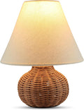 11" Small Mini Wicker Table Lamp, Dimmable Rattan Bamboo Lamp with Off-White Fabric Shade, Boho Accent Light for Nightstand, Nursery, Small Spaces, Kitchen Counter, Bookshelf