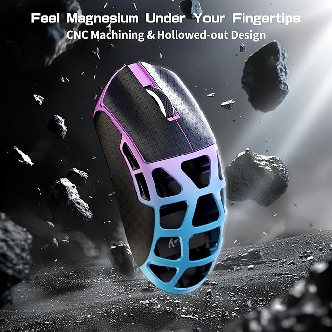 FELICON x Attack Shark R3 Magnesium Alloy Wireless Gaming Mouse, 46g Ultra-Lightweight Skeletal Shell, PAW3395 26K DPI, 8K Polling, Tri-Mode 2.4G/BT/Wired, for PC Mac Laptop - Purple & Griptape
