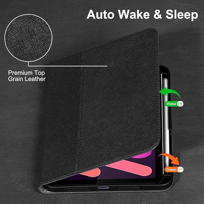 Gexmil Leather Case for iPad mini 7 (A17 Pro) 2024 / iPad mini 6 Generation 2021 8.3 Inch,Premium Cowhide Cover with Pencil Holder,Adjustable Stand, Auto Wake/Sleep,Palm-Print Black