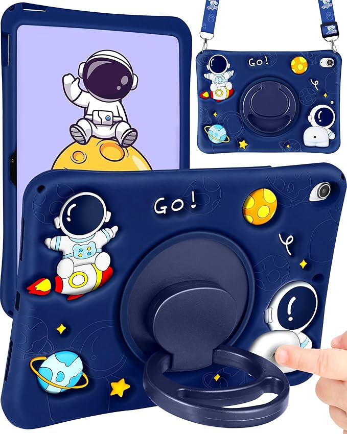 Wazzasoft for iPad A16 Case - for iPad 10th Generation Case Boys Cute Astronaut Cover Kawaii 3D Cartoon Cool with Rotating Handle Stand + Strap Soft Silicone Funda for Apple 10/11th Gen 10.9 Inch