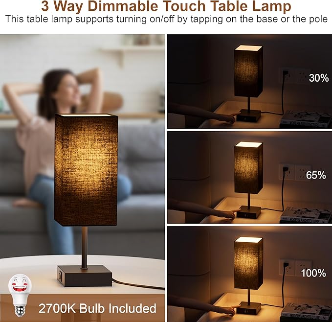 Table Lamp for Bedroom, 3 Way Dimmable Touch Bedside Lamp, Small Lamp with 2 USB C+A Charging Ports, Black Nightstand Lamps for End Table, Living Room, Desk, Bulb Included