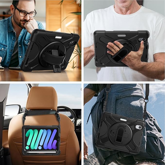 Gerutek Case for iPad mini 7 (A17 Pro) 2024/Mini 6 2021 8.3 inch, Shockproof Cover for iPad mini 7/6th Generation with Screen Protector, 360° Rotating Stand, Hand/Shoulder Strap, Pencil Holder-Black