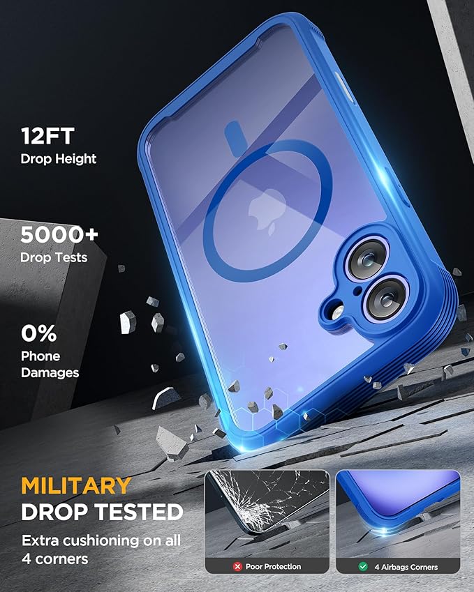 Miracase for iPhone 16 Case 6.1'', [Bubble Free] Full-Body Bumper Phone case with Built-in Full Glass Screen &Lens Protector,No Gap,Compatible with MagSafe,Drop Proof 16 Cover,Blue