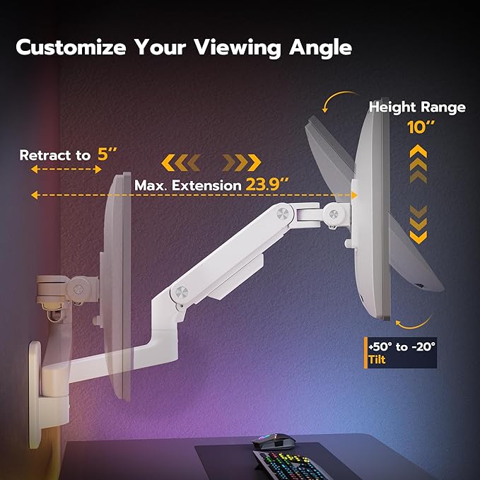 ARES WING Wall Mount Monitor Arm for 17-49 Inch Ultrawide Screens, Heavy Duty Single Monitor Mount Holds 44 lbs, Fully Adjustable Gas Spring Wall Mount, 75x75/100x100 VESA Mount, White