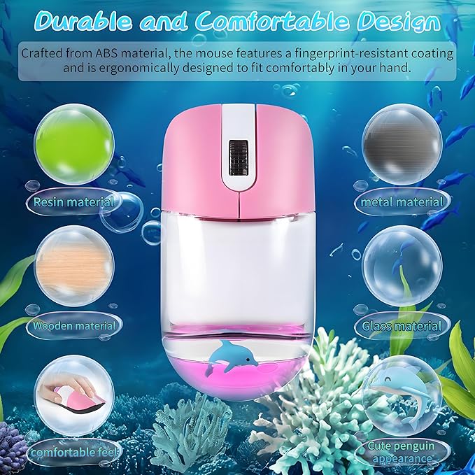 Wireless Mouse -Cute Clear Aqua Design, Water Mouse with Optical Precision, Silent Clicks, Lightweight & Floating Animal Transparent Retro Style for Home Office, Great for Kids & Adult(Dolphin-Pink)