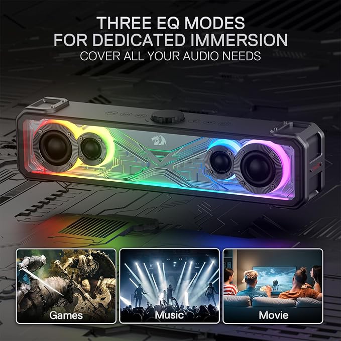 Redragon GS817 RGB Desktop Soundbar, 2.0 Channel Stereo Speakers for Desktop w/Massive 30W Max Power, Touch-Control, Bluetooth 5.3 & 3.5mm AUX Inputs, Black