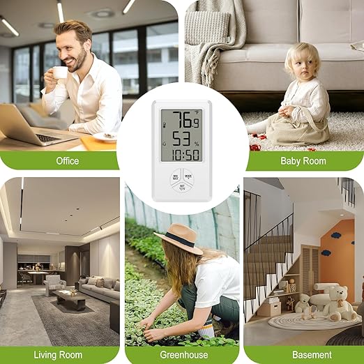 Urageuxy Digital Hygrometer Indoor Thermometer with Min Max Records, Humidity Gauge with Clock for Room, Home, Bedroom, Office, Greenhouse, Cellar