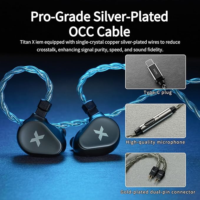 HiFiGo DUNU Titan X 10mm DLC Dynamic Driver in-Ear Monitor, HiFi Wired Gaming Earbuds with OCC Silver-Plated Cables, IEM for Stage Performance/Gaming/Music Production (Type C with Mic)
