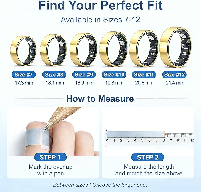 Smart Ring Health & Fitness Tracker for Men & Women, Heart Rate, SPO₂, Sleep & Activity Monitoring, IP68 Waterproof, Long Battery Life, Family Care Mode, No Subscription Fee (Gold, 9)