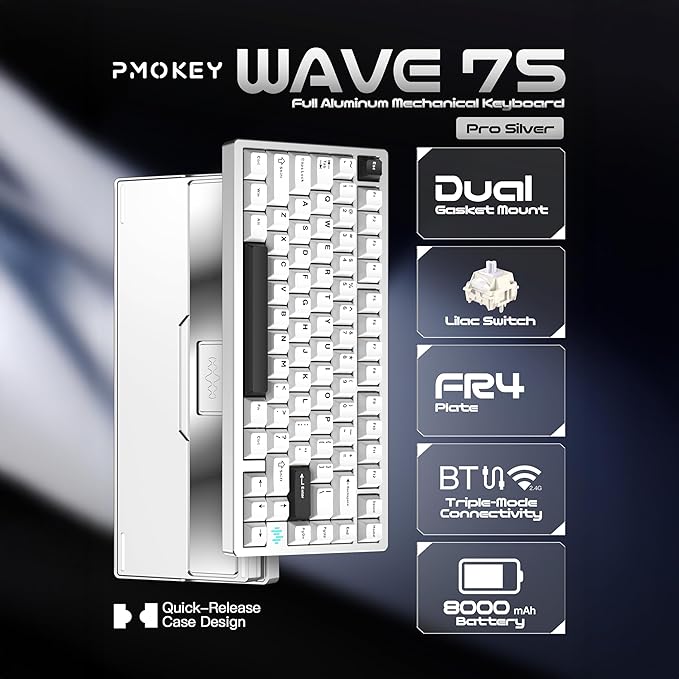 KEEBMONKEY PMOKEY Wave 75 CNC Aluminum Quick Release Tri-Mode Wireless Gaming Keyboard,QMK/VIA Tri-Mode Mechanical Keyboard with 8000mAh Battery,Hot-Swappable with RGB for Windows/Mac/PC (Pro Silver)