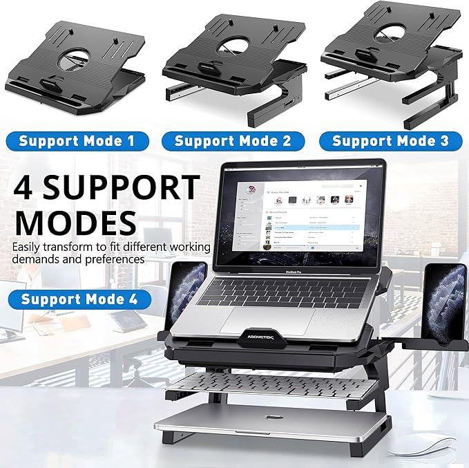 AboveTEK Laptop Stand, 20 Angles Two-Layer Height Adjustable Laptop Stands, Portable Laptop Riser with 360 Rotating Base Storage Space & Extra Phone Holders Compatible with 10''-17'' Laptops Black