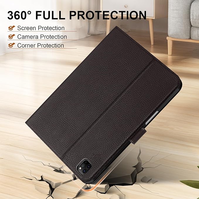 Genuine Leather Case for iPad Pro 12.9 inch 6th/5th/4th/3rd Generation 2022/2021/2020/2018 | with Pencil Holder and Adjustable Stand, Magnetic Closure, Auto Wake/Sleep Cover | Dark Brown