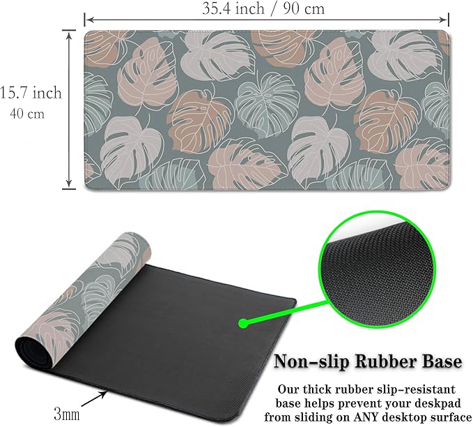 Large Desk Mat Green, Gaming Mouse Pads Office Desk Pad, Keyboard Desk Mat Non-Slip Rubber Base Waterproof with Stitched Edges, 35.4 X 15.7 inch for Work/Game/Office/Home Tropical Monstera