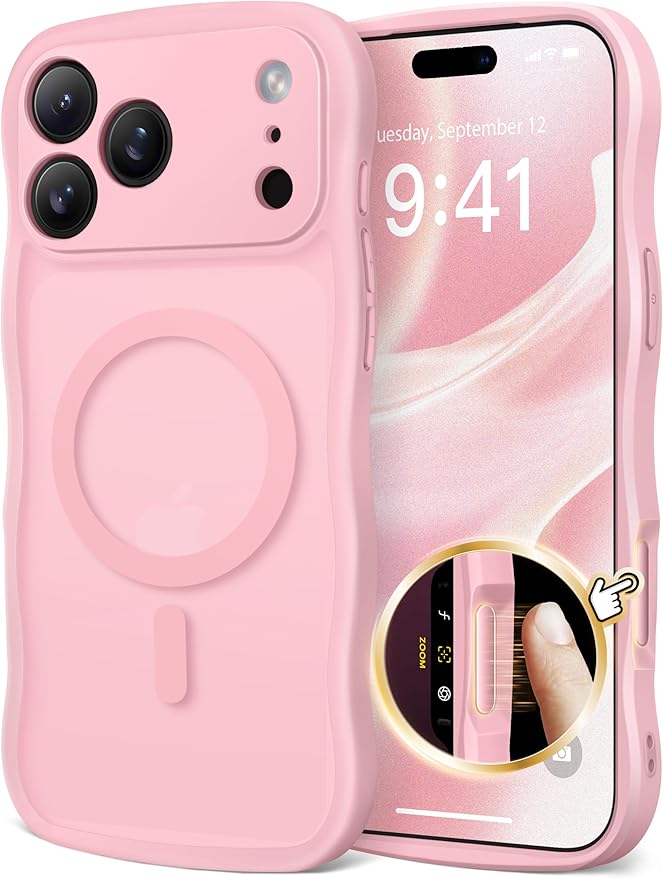 CAPRARO Magnetic for iPhone 17 Pro Max Case for Women Girls, Upgraded [Full Camera Protection] [Compatible with MagSafe] Cute Wave Translucent Matte Phone Case for iPhone 17 Pro Max, Peach Pink