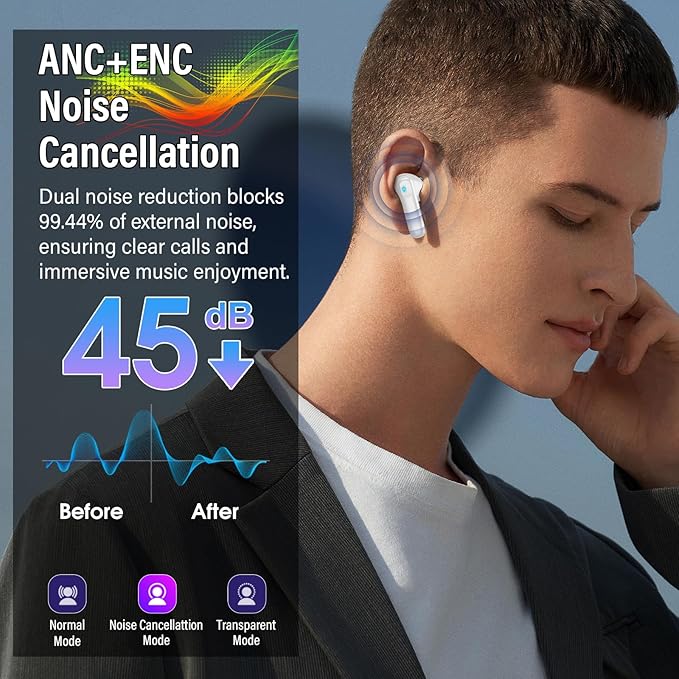 Wireless Earbuds, Bluetooth 5.4 Headphones Multi-Function Touch Screen with 5 EQ Modes, 48H Ear Buds Bass Stereo with ANC Noise Cancelling/Transparency Mode, IPX7 Bluetooth Earbuds, Ivory White