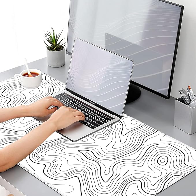 Topographic Map Large Mouse Pad, Black and White Desk Pad for Keyboard and Mouse, 35.5" X 15.75" Computer Gaming Mouse Mat 3mm Thick XXL Rubber Mousepad for Laptop Gamer, White Lines Contour