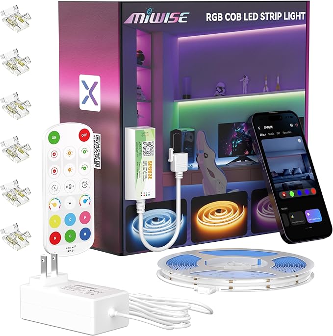 MIWISE RGB COB LED Strip Light, UL-Listed Music Sync Color Changing Dimmable Super Bright LED Lights, Multicolor Flexible Tape Light with RF Remote/App Control, for Bedroom, Party DIY Decor, 16.4ft