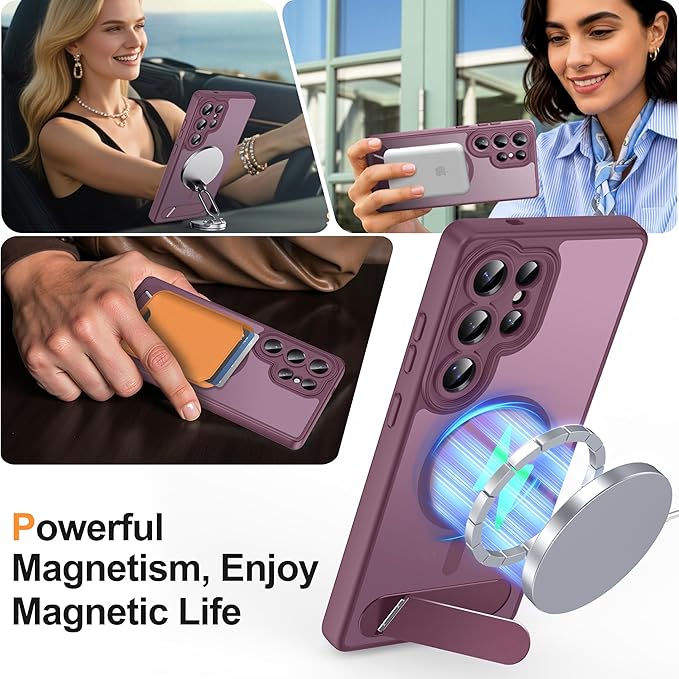 Magnetic for Samsung Galaxy S25 Ultra Case, [Compatible with MagSafe][Full Camera Protection][Built-in Invisible Kickstand] Translucent Matte Phone Case for S25 Ultra 6.9" - Wine Red
