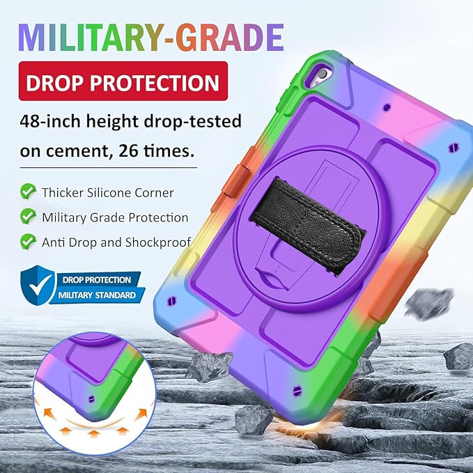 BMOUO Case for iPad 6th/5th Generation Case (9.7 inch, 2018/2017), 360°Rotating Stand, Hand/Shoulder Strap Shockproof iPad 9.7” Case for iPad Air 2, Purple