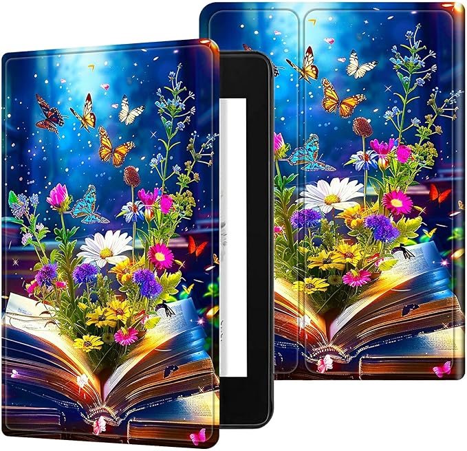 for 7" Kindle Paperwhite 12th Generation 2024/2025 & Kindle Colorsoft Signature Edition Tablet Case, Slim Kickstand Stand Leather Smart Cover with Auto Wake/Sleep, Book Flower