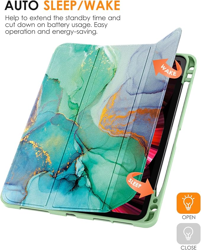 DTTO for iPad Pro 11 inch 4th/3rd/2nd/1st Generation 2022/2021/2020/2018 Case, Smart Slim Trifold Stand Soft TPU Back Cover with Built-in Pencil Holder, Also Fit iPad Air 5/4,Marble Green