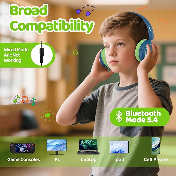 MIDOLA Kids Wireless Headphones Active Noise Cancelling Lightweight Bluetooth Headphone for Kid,Volume Limited 85/94dB Foldable Over-Ear Headset with Mic,68 Hours Playtime,for Toddler Child Green