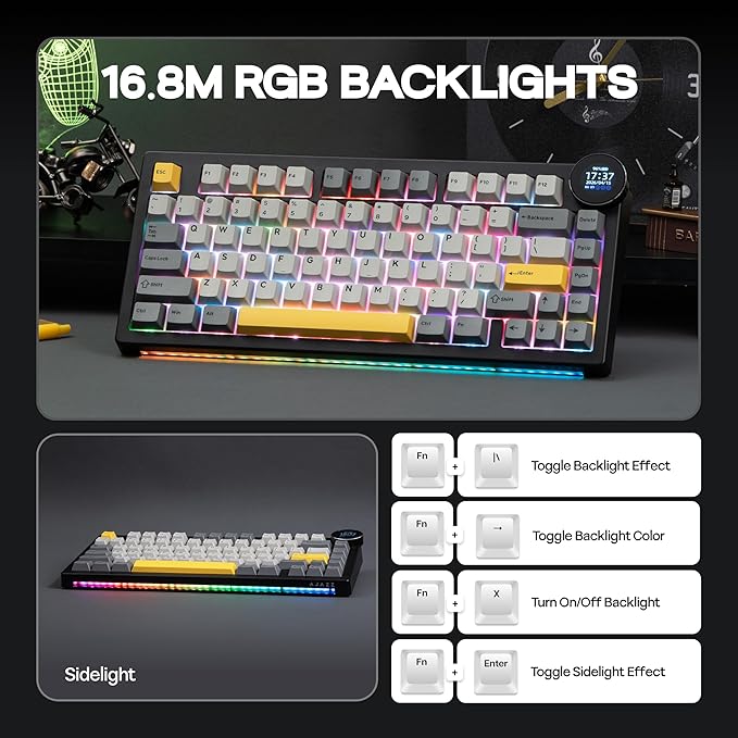 MechLands AJAZZ AK820V2 75% Wireless Gaming Keyboard with 0.9” TFT Display Screen & Knob, Gasket Mechanical Creamy Keyboard with 10000mAh Battery, Hot Swappable, RGB for Win/Mac (Black Grey)