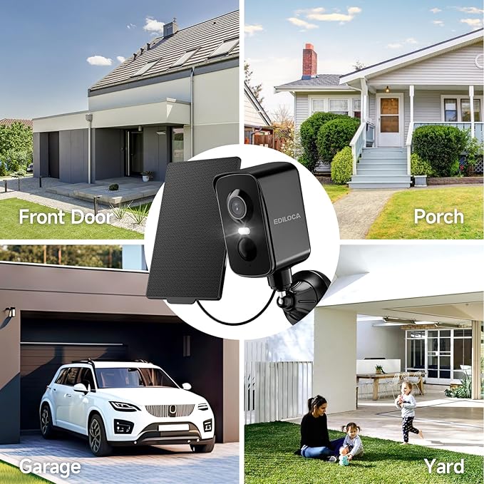 Ediloca Security Camera Wireless Outdoor, 2K Pan Rotating 300° Solar Panel Battery Powered WiFi Camera with PIR Human Detection, Color Night Vision, 2-Way Audio, Alarm, Cloud/64GB Memory Card Storage