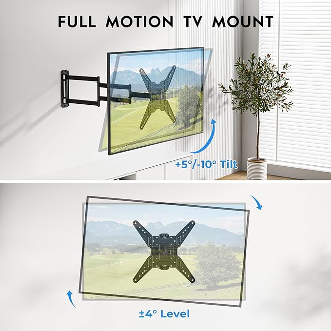 BONTEC TV Wall Mount for 26–65 Inch Flat and Curved Screens with 37.4 Inch Long Extension, Full Motion Swivel Design, Heavy Duty Bracket for Corner or Monitor Setup, Max VESA 400x400, Holds 77 lbs
