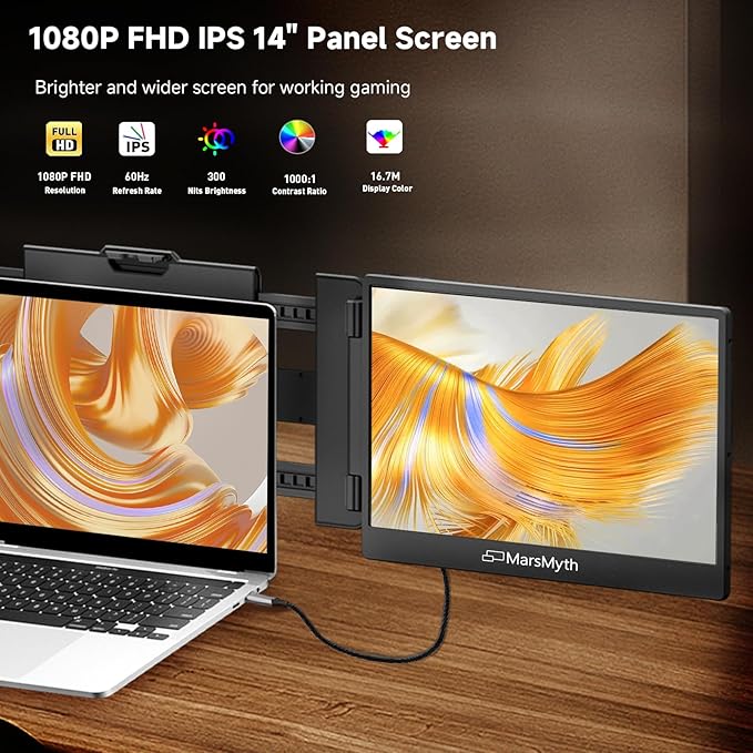 S1 Laptop Screen Extender - 14'' Portable Dual Monitor for Laptops, 1080P FHD Plug & Play Portable Monitor for 13''-17'' Laptops, Compatible with Windows Mac PS5 Dex Android Switch