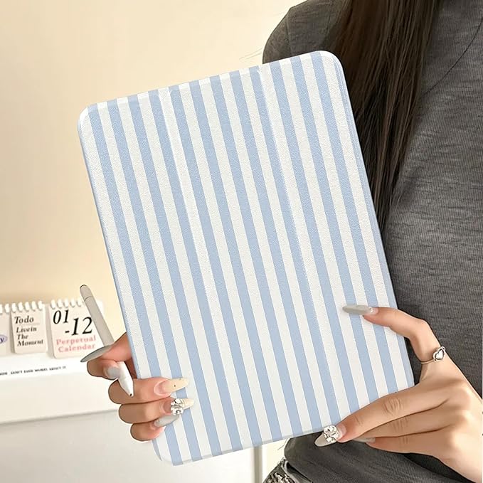 Lovmooful Compatible for iPad 9/8/7 (10.2-Inch,2021/2020/2019 Model,9th/8th/7th Generation) Case with Pencil Holder Cute Striped with Aesthetic Design Soft TPU Trifold Stand Protective-Blue&White