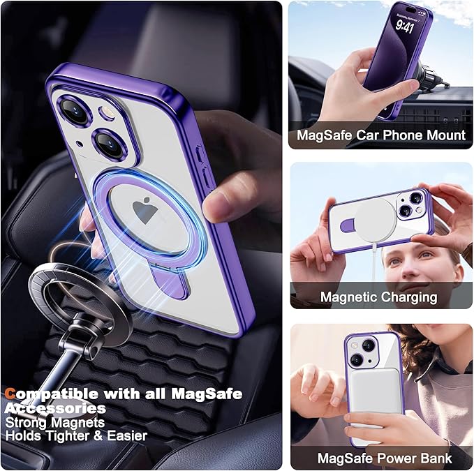 Compatible with iPhone 14 Plus Case with Invisible Magnetic Ring Stand [Compatible with Mag-Safe] [Full Camera Lens Protector] Plating Clear Phone Case for iPhone 14 Plus 6.7", Purple