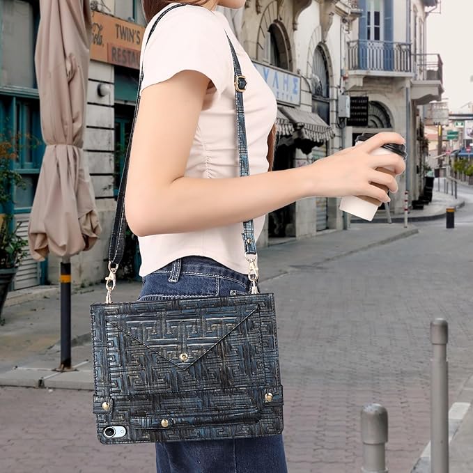Handbag Case for iPad mini 7 2024/Mini 6 Case - Techcircle Vintage Pattern Crossbody PU Leather Folio Envelope Pocket Stand Cover with Hand Strap+Shoulder Strap+Pencil Holder+Card Slots, Retro Navy