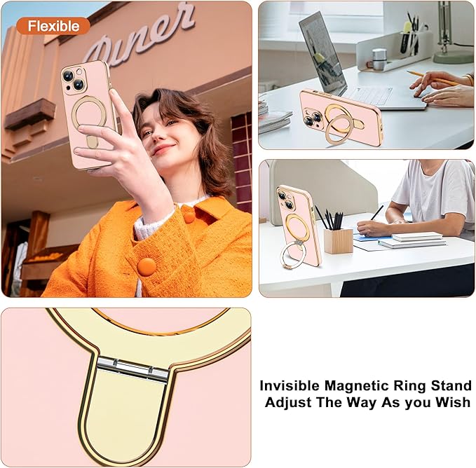 Compatible with iPhone 14 Plus Case with Magnetic Ring Stand [Compatible with Mag-Safe] [Full Camera Lens Protector] Soft Plating Phone Case for iPhone 14 Plus 6.7", Solid Pink