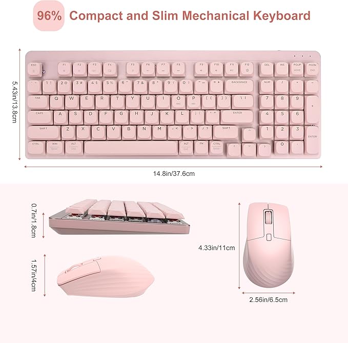 LeadsaiL Wireless Keyboard and Mouse Combo, 2.4Ghz Cordless Mechanical Keyboard and Silent Mouse for Business, Low-Profile Red Switch, 98-Key Compact Slim Keyboard for Windows/MacOS PC Laptop - Pink