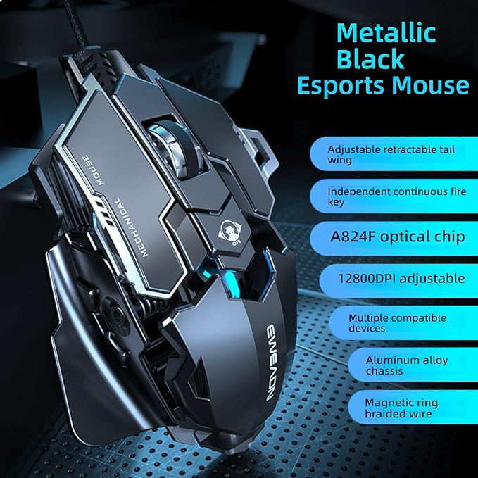 Professional Gaming Mouse, 12800 DPI Optical Sensor, RGB Lighting, Aluminum Chassis, Metallic Black, Macro Programming, Retractable Wing