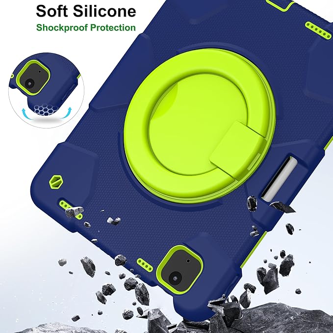 Andnary Case for iPad Air 11 inch Case M4/M3/M2 (2026/2025/2024), Heavy Duty Shockproof Cover with Screen Protector, 360° Rotating Stand, Pencil Holder, Shoulder Strap (Navy+Green)