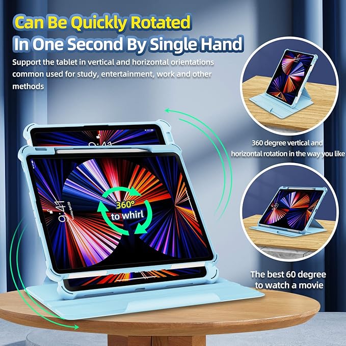 Rotating Case for iPad Pro 12.9" 6th/5th/4th Gen 2022/2021/2020 Smart Cover with Pencil Holder, Techcircle Hybrid TPU+PC Magnetic Cover Soft Bumper Slim Folio Shockproof Protective Case-Light Gray