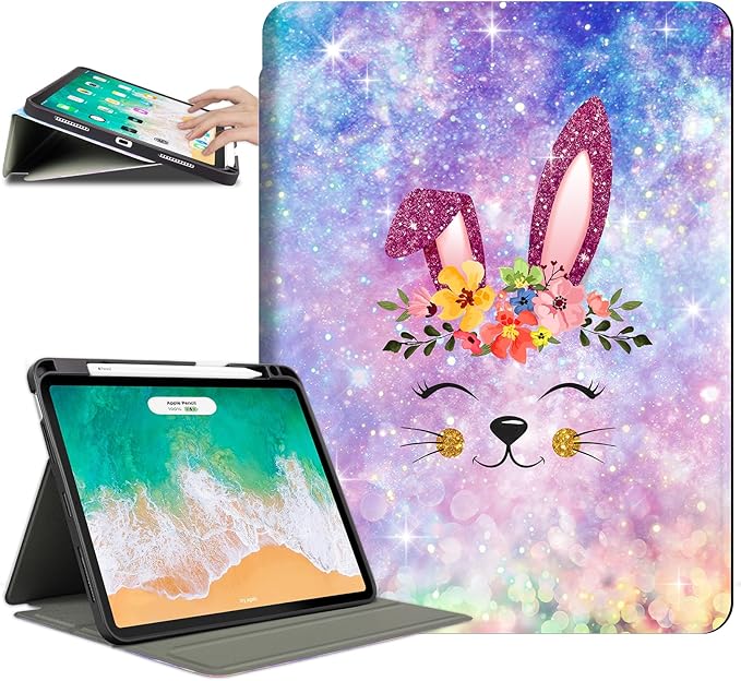 for iPad Air 11-inch Case, iPad Air 5th/Air 4th Gen Case with Pencil Holder for iPad Pro 11 Inch 4th/3rd/2nd/1st Multi-Angle View Adjustable Stand Auto Wake Sleep Galaxy Purple Rabbit