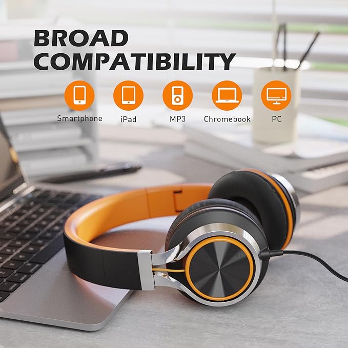 AILIHEN Kids Headphones, Headphones Wired with Microphone and Volume Control Folding Stereo Corded On-Ear 3.5mm Headset for Boys Girl Cellphones Tablets Chromebook Laptop Computer (Black/Orange)