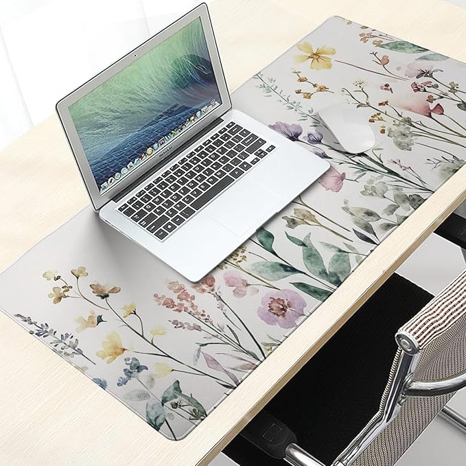 Floral Desk Mat Beige Boho Desk Pad Large Extended Gaming Mouse Pad XL Cute Minimalist Flowers Keyboard Mat 31.5x11.8 Inch Boho Esthetics Mousepad Big Keyboard Mouse Mat for Home Office Work Game