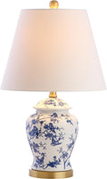 JONATHAN Y 22" Blue/White Ceramic Table Lamp, French Country Chinoiserie Ginger Jar LED Bedside Lamp for Living Room Bedroom, White Linen Shade, JYL3005A