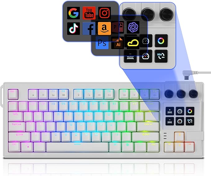 darkFlash K87PRO TKL Mechanical Keyboard with 6 LCD Stream Control Keys & 3 Media Knobs – Gasket Mount, Hot-Swappable RGB Gaming & Streaming Macro Keyboard for PC & Mac (White)