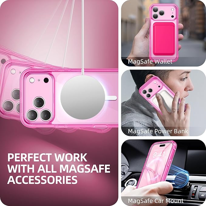 BERFY for iPhone 17 Pro Max Case, Compatible with MagSafe, Built-in Glass Screen Protector, Camera Protection, Shockproof Full Body Phone case 6.9", Clear Bright Pink