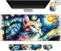 Large Gaming Mouse Pad Set, 4 in 1 Ergonomics Keyboard Desk Mat Memory Foam Wrist Rest, Computer PC Extended Game Mousepad, Non-Slip Desk Matt Easy Typing Pain Relief I Starry Night Art Cat