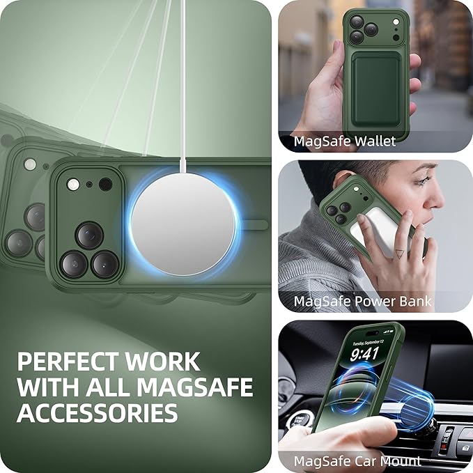 BERFY for iPhone 17 Pro Case, Compatible with MagSafe, Built-in Glass Screen Protector, Camera Protection, Shockproof Full Body Phone case 6.3", Translucent Deep Green