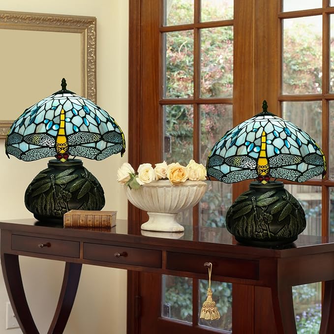 12 Inch Dragonfly Tiffany Lamp with Remote Control, Adjustable Brightness and Color Temperature, E26 Bulb, 9W, Ocean Blue Dragonfly Mushroom Stained Glass Bedside Lamp
