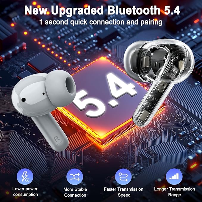 Wireless Headphones, 2026 Bass-3.0 Bluetooth 5.4 Earbuds 3D-Stereo Ear Buds, 4 ENC Noise Cancelling Mic, 40+Hrs USB-C in-Ear Earphones, IP-X7 Waterproof Sport Workout Gym for Laptop Pad Android iOS