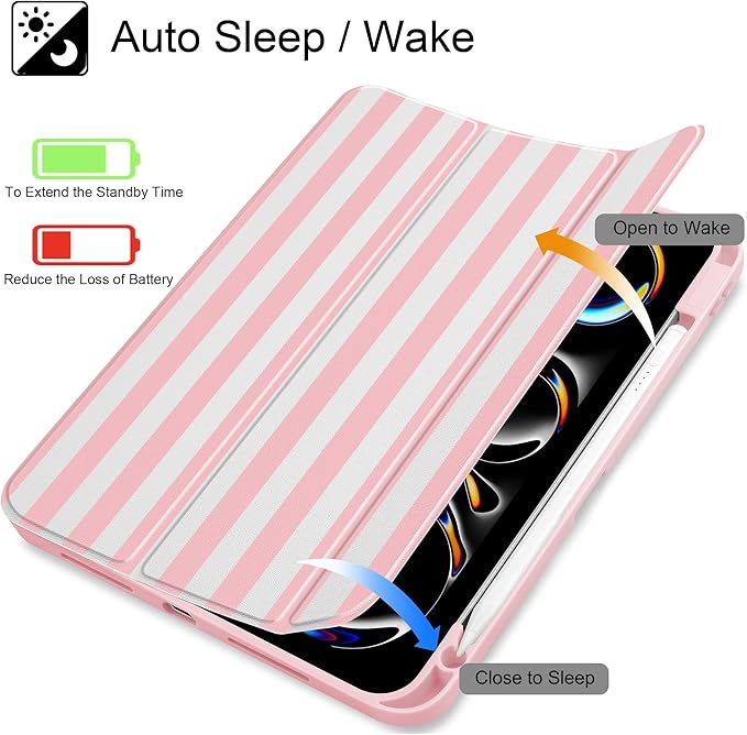 May Chen for iPad Pro 13 Inch Case M5 2025 / M4 2024, Built Pencil Holder & Clear Transparent Print Back Shell Slim Stand Shockproof Tablet Cover, Auto Wake/Sleep, Pink Stripes