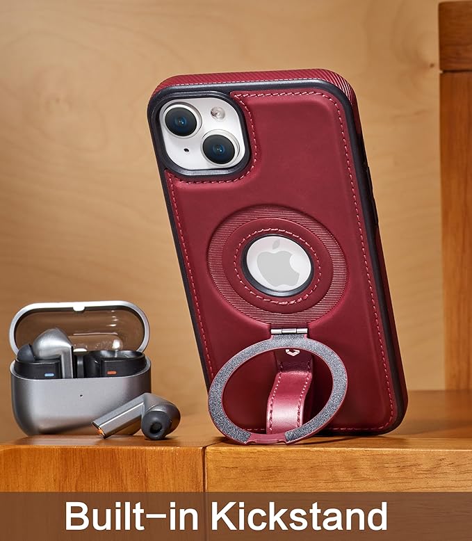 Butaiga for iPhone 15 Plus/iPhone 14 Plus Leather Case with Stand, Anti-Slip Grip Ring, Fits for MagSafe (Burgundy, iPhone 15/14 Plus)